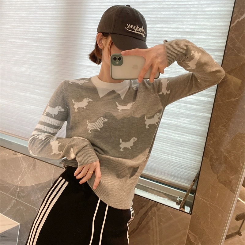 學院風毛衣女23秋冬圓領長袖小眾設計感針織衫假領卡通小狗上衣