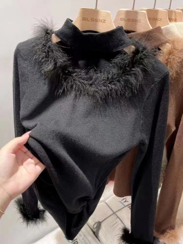 辣妹修身秋冬新款韩版小心机设计毛毛领拼接针织衫洋气上衣