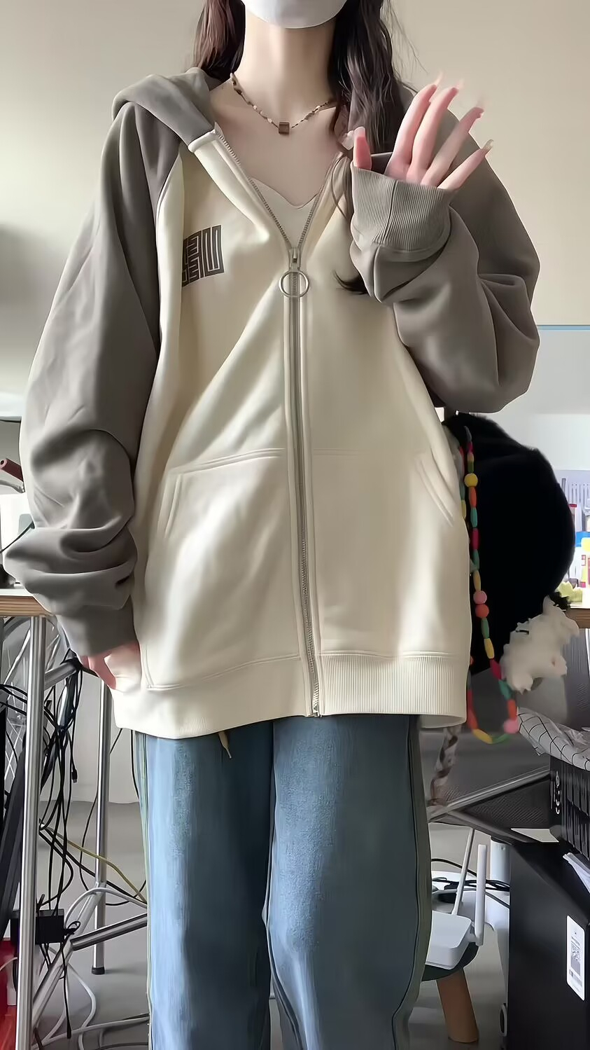 加絨加厚，國潮官印連帽衛衣女拉鏈插肩袖寬鬆秋冬季百搭外套ins