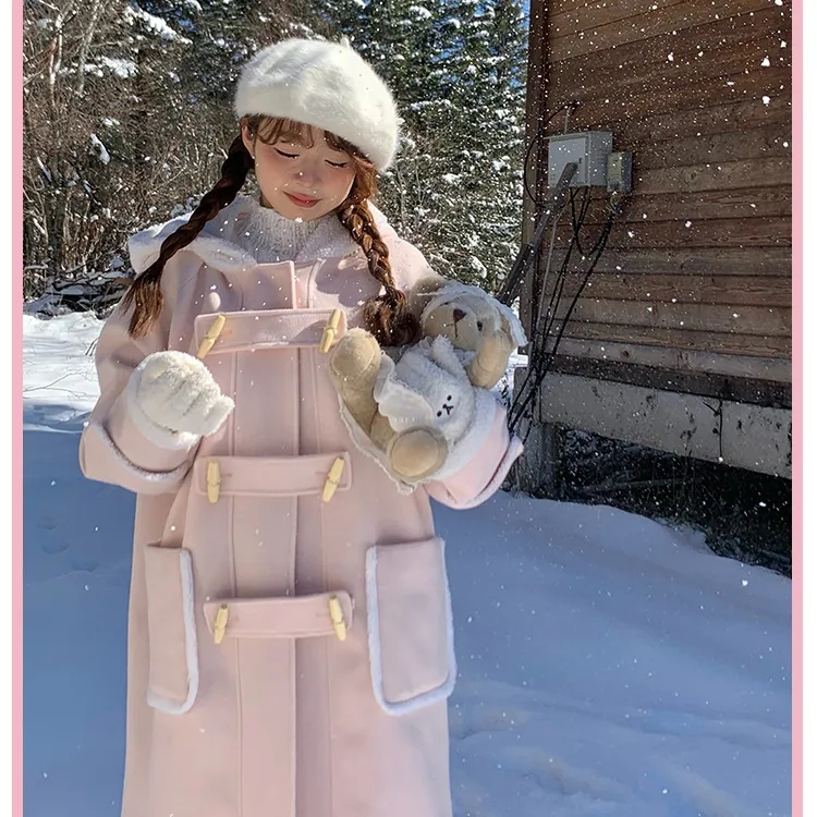 粉色呢子大衣女2023秋冬新款溫柔牛角扣小個子雙排扣連帽毛呢外套