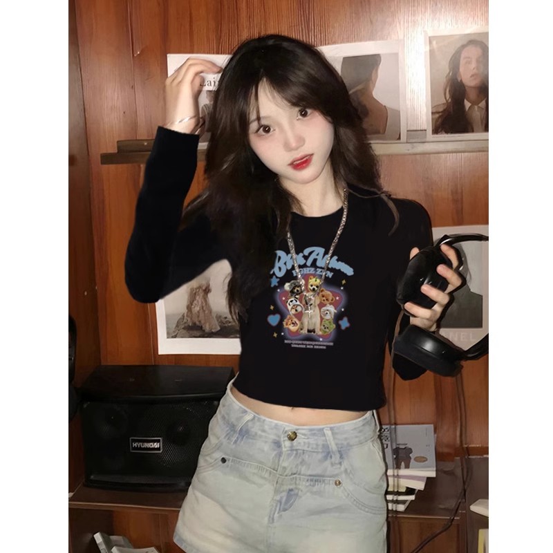 包肩包領美式正肩短款t恤女秋冬長袖設計感甜酷黑色打底衫