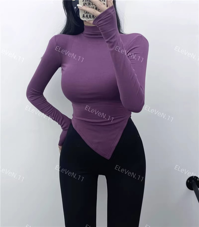 秋冬新款設計感小眾打底衫女簡約高領不規則長袖T恤純色上衣棉
