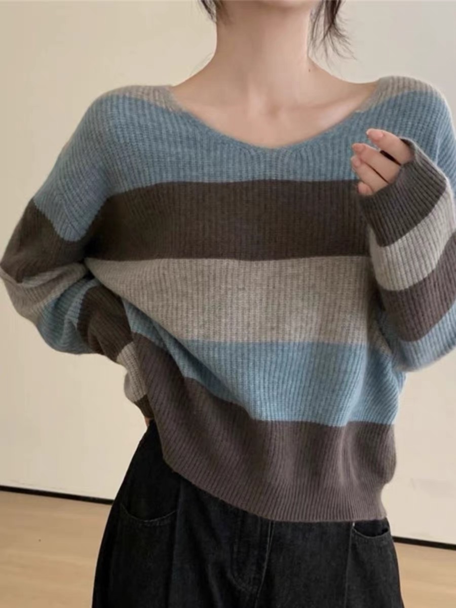 Retro contrast striped V-neck long-sleeved sweater for women in autumn new loose casual versatile lazy drape top