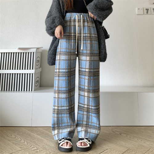 Real shot red plaid pants autumn and winter new high waist drape casual floor mopping retro plus velvet wide leg pants