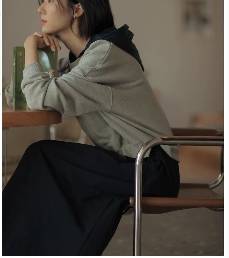 2024韓國春上新女裝寬鬆拼接衛衣裙假兩件遮肚子減齡連帽連衣裙女