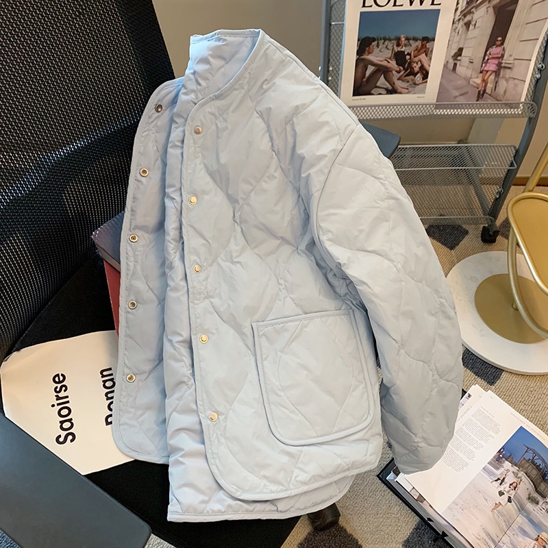 Official picture with lining rhombus down jacket for women, autumn and winter Korean style light bread coat, cotton coat for women