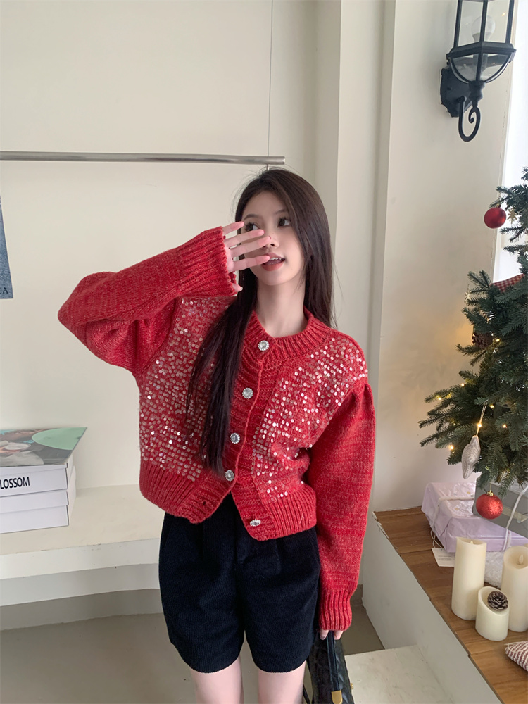 實拍！亮片圓領加厚毛衣女聖誕新年紅復古短款針織開衫