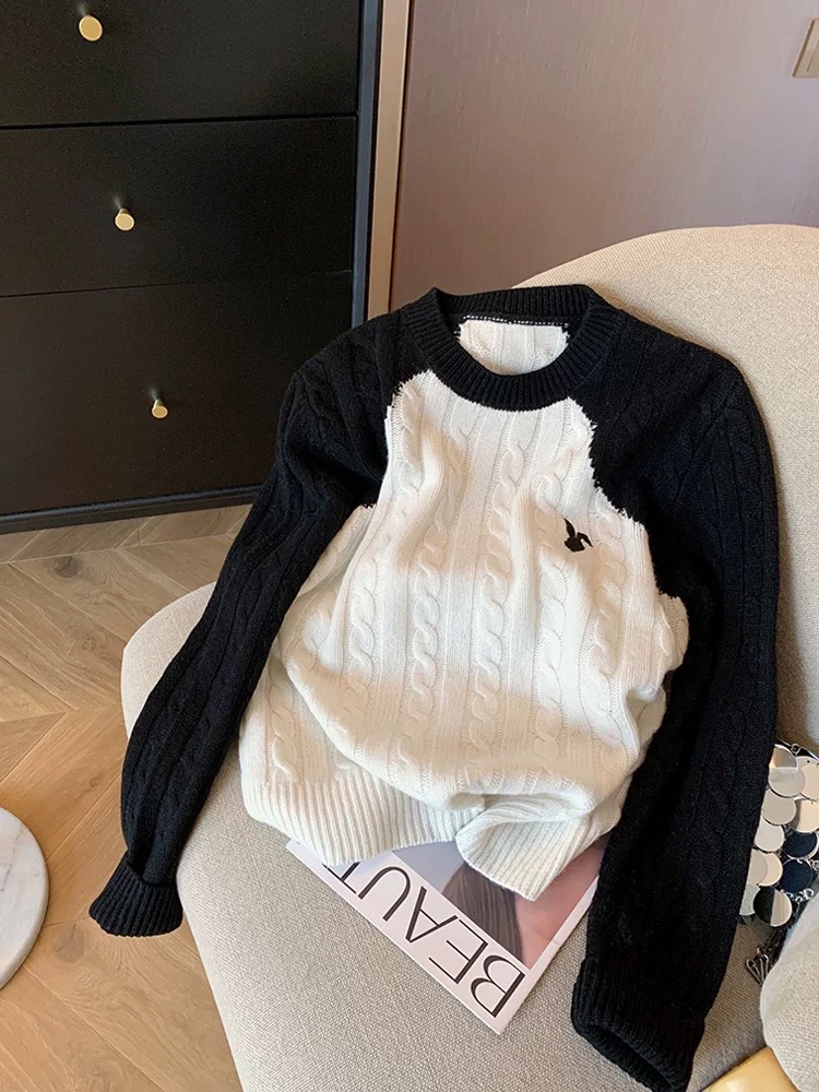 黑白拼色刺繡麻花圓領毛衣女秋冬季2023設計感休閒百搭軟糯針織衫