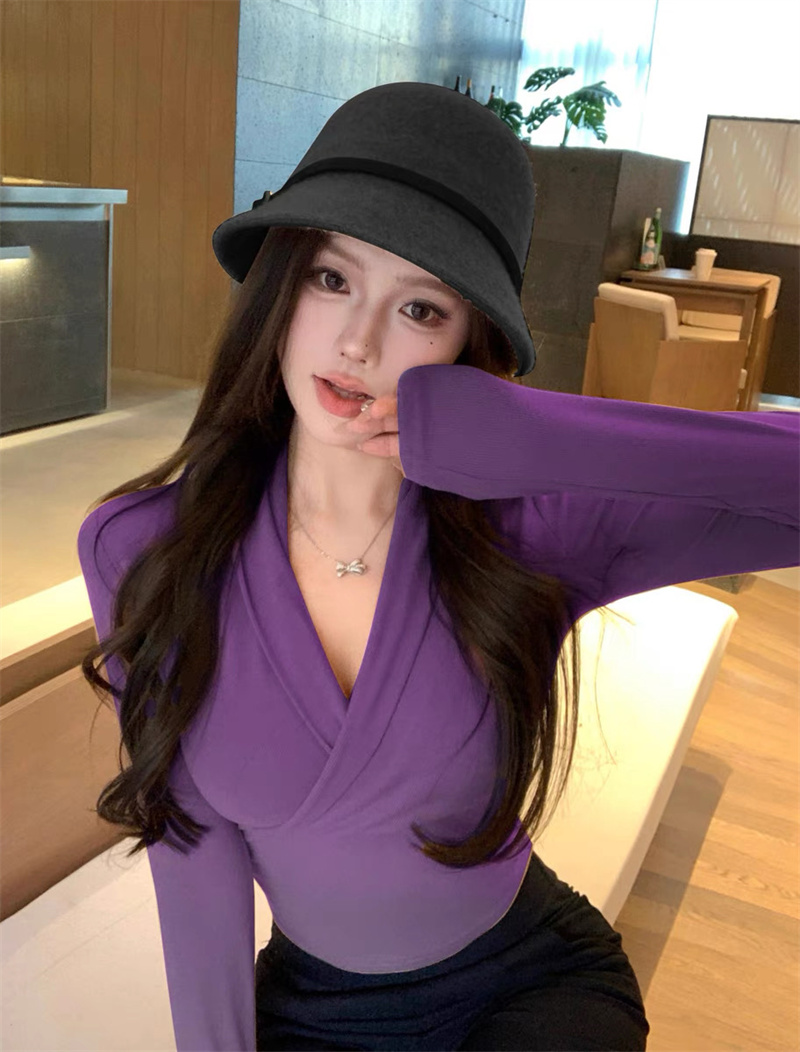 實拍~韓系溫柔小姐姐V領親膚修身顯瘦上衣打底T恤