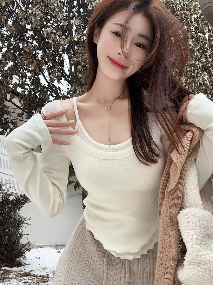 純欲風假兩件長袖T恤女秋季修身內搭打底衫設計感不規則短款上衣