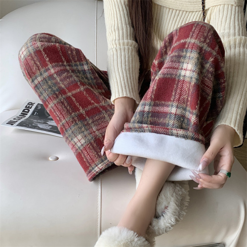 Real shot red plaid pants autumn and winter new high waist drape casual floor mopping retro plus velvet wide leg pants