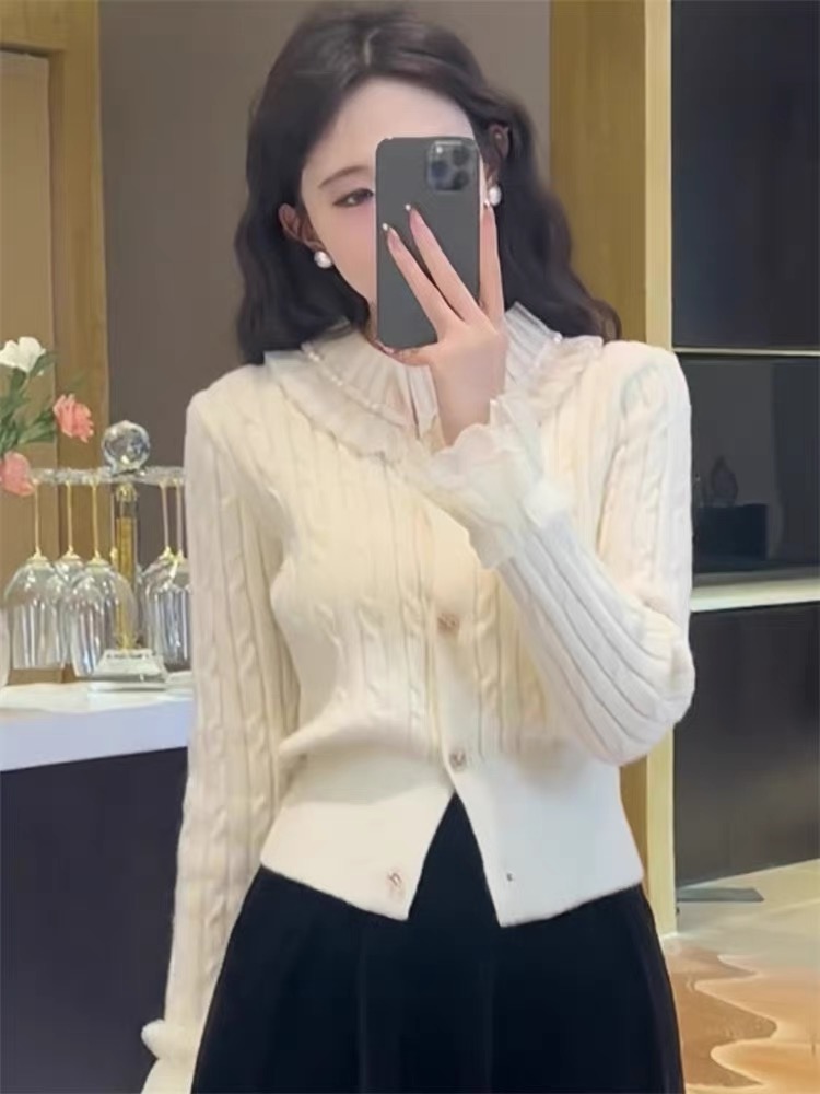 小香風珍珠花邊拼接長袖針織開衫女秋冬修身氣質軟糯麻花毛衣外套