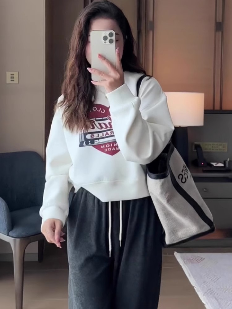 小個子短款圓領衛衣女新款春秋款洋氣寬鬆長袖上衣女