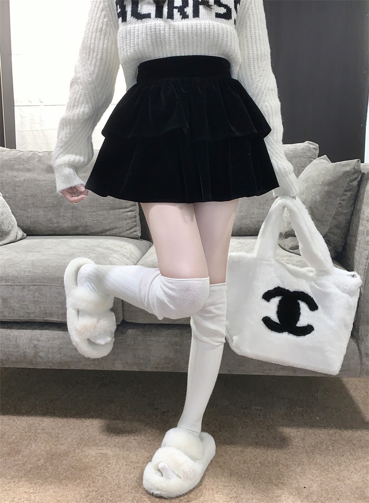 實拍 ~絲絨蓬蓬半身裙女高腰顯瘦a字荷葉邊蛋糕短裙