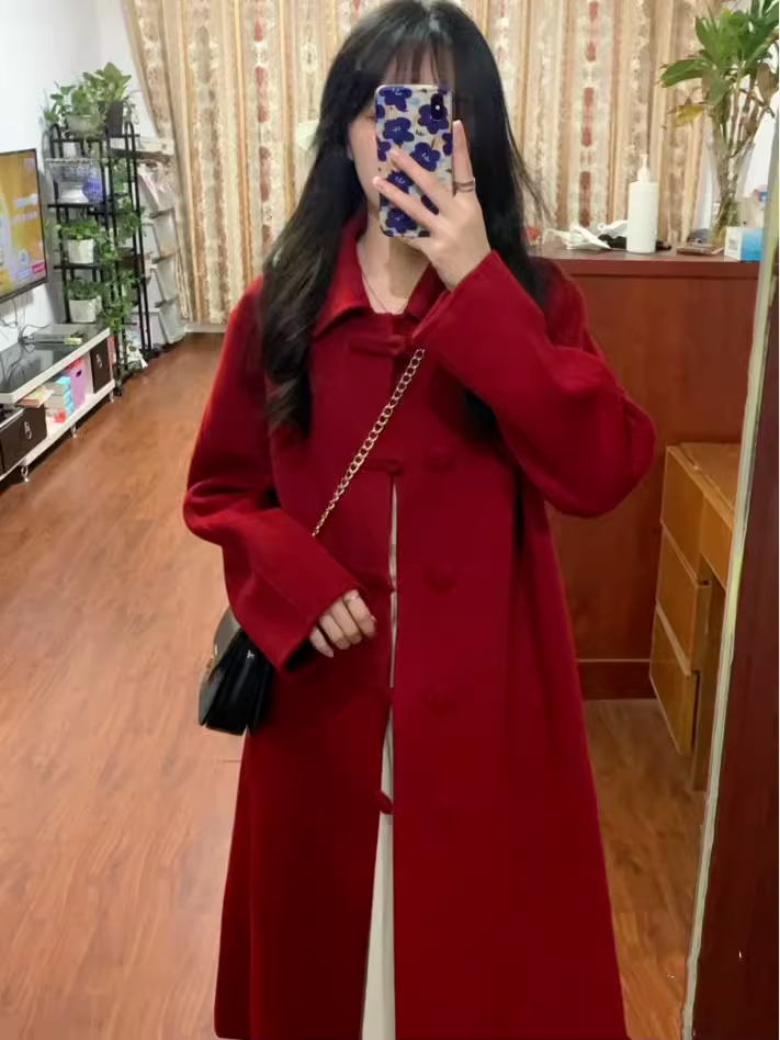 復古盤扣紅色呢子大衣女2023秋冬新款韓系赫本風氣質加厚毛呢外套