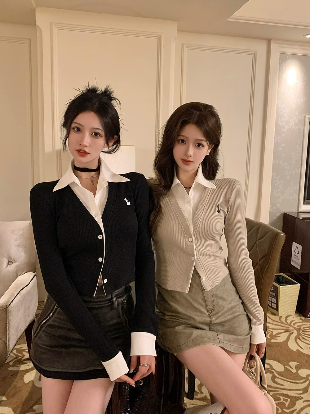 polo領刺繡長袖針織開衫女秋季設計感襯衫拼接修身短款假兩件上衣