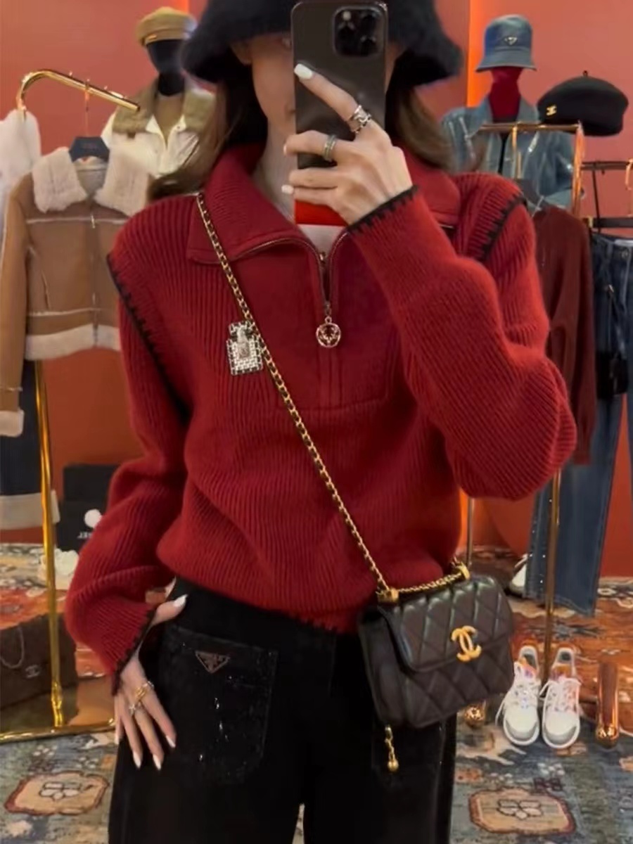 歐貨紅色半拉鏈加厚毛衣女2023秋冬季洋氣設計感寬鬆高領針織外套