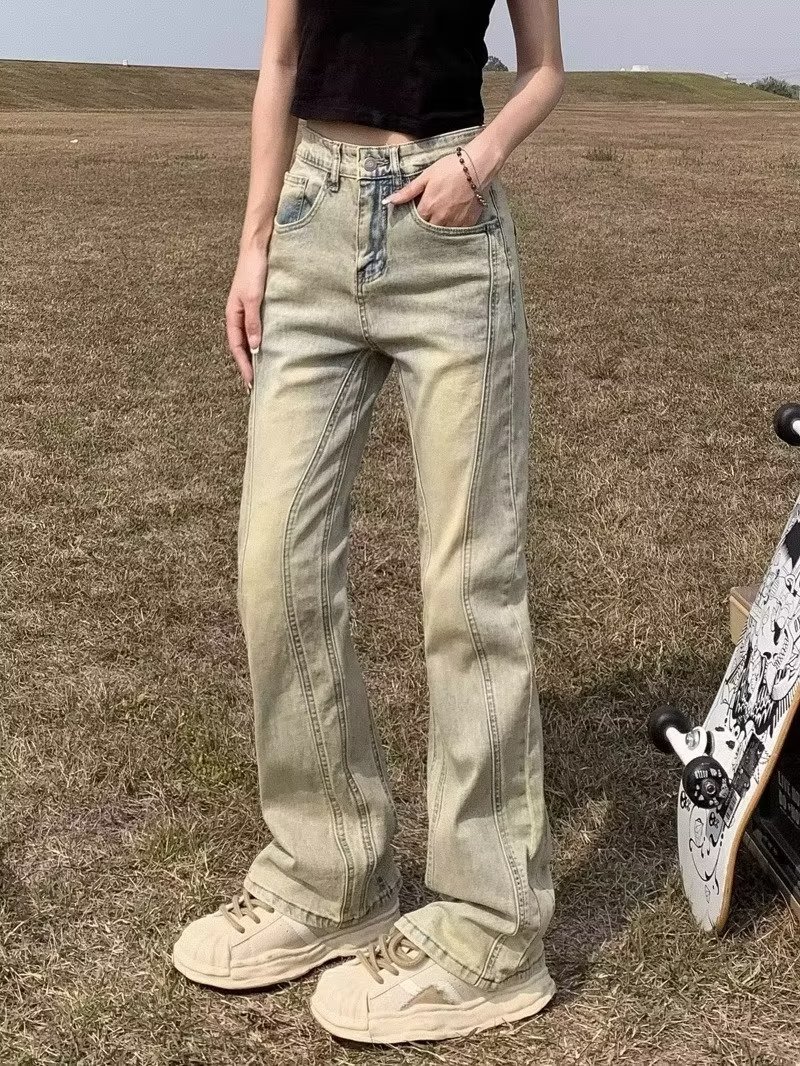 高腰直筒牛仔褲女2023年秋季新款美式復古黃泥染彈力拖地長褲潮