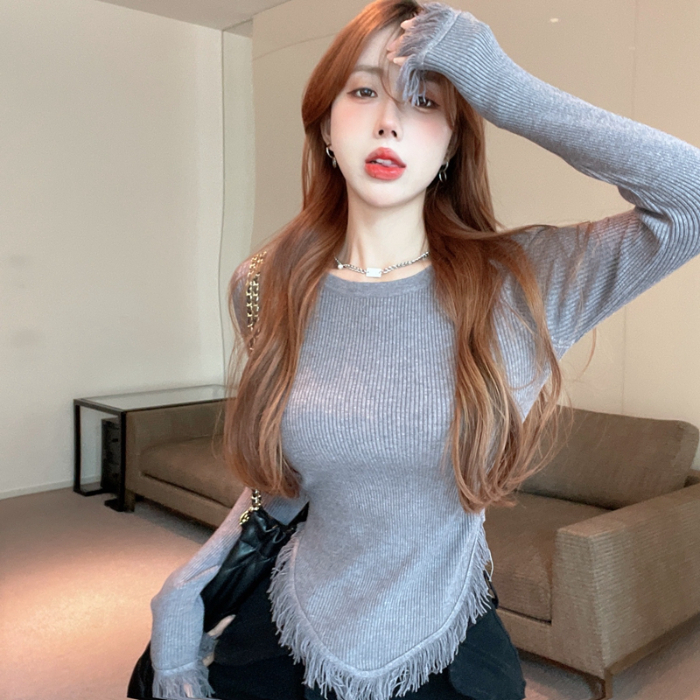 Official picture 260g pit brush plush irregular tassel knitted bottoming shirt for women in autumn and winter pure desire sweet and spicy