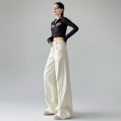 2024 Spring Collection High-Waisted Straight Leg White Denim Pants for Women - Retro Loose Fit, Versatile Casual Wide Leg Long Pants