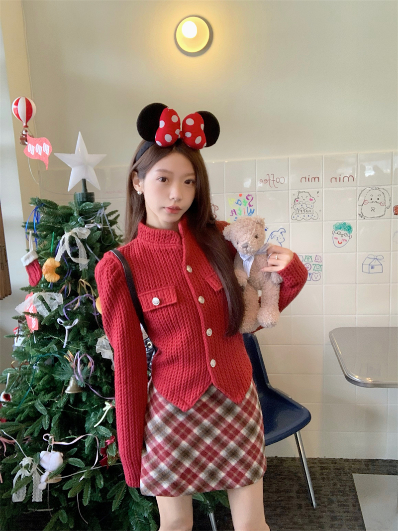實拍 古堡玫瑰 高級感紅色聖誕毛衣女收腰短款針織衫開衫外套