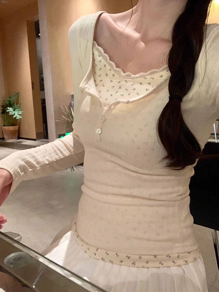 芭蕾風純欲碎花打底衫女秋冬季內搭緊身收腰設計感小眾假兩件上衣
