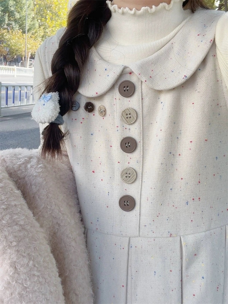 小香風彩點娃娃領毛呢背心連衣裙內搭打底衫兩件套女秋冬百褶長裙
