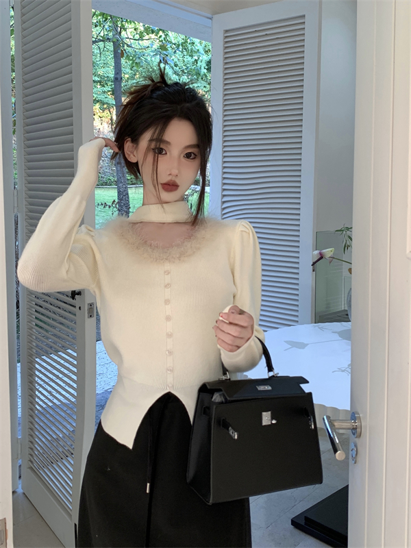 實拍純欲辣妹風掛脖軟糯針織衫泡泡袖毛毛領拼接修身打底毛衣