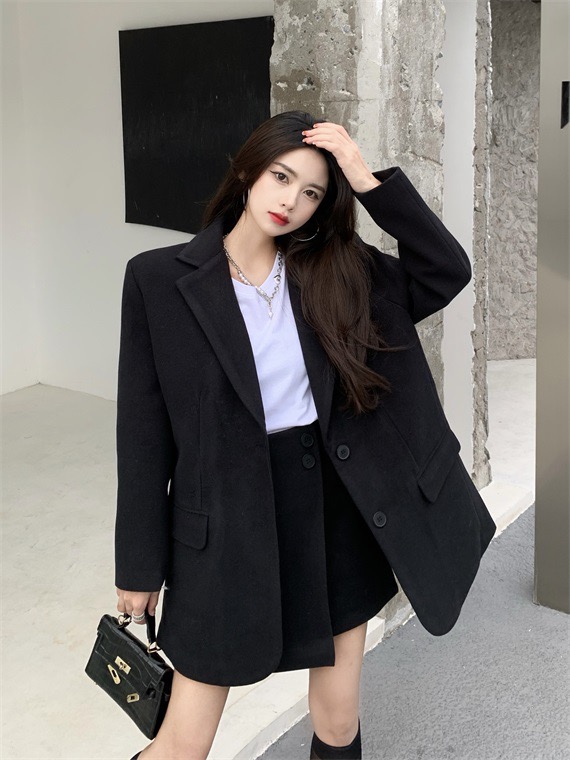 實拍~加厚毛呢套裝女韓版寬鬆西服外套+高腰a字不規則半身裙