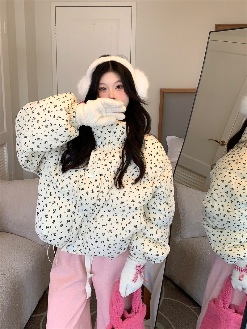 Actual shot Korean style short floral cotton coat for women winter new thickened warm bread coat for women