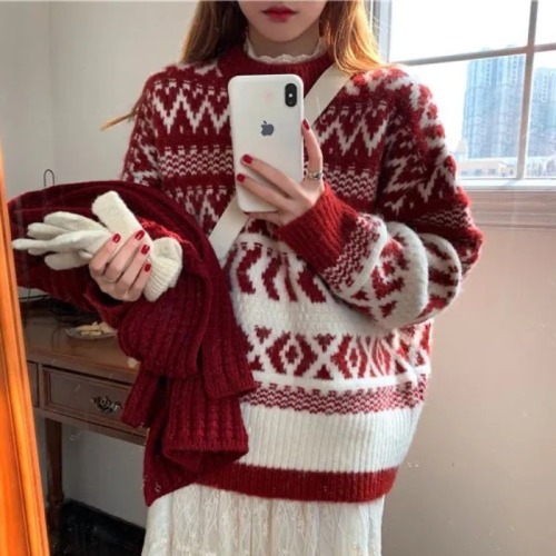 复古红色新年毛衣女冬季加厚慵懒圣诞风撞色针织衫设计感宽松外穿