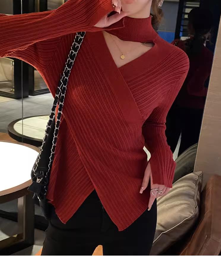 Christmas red v-neck sweater 2023 new top