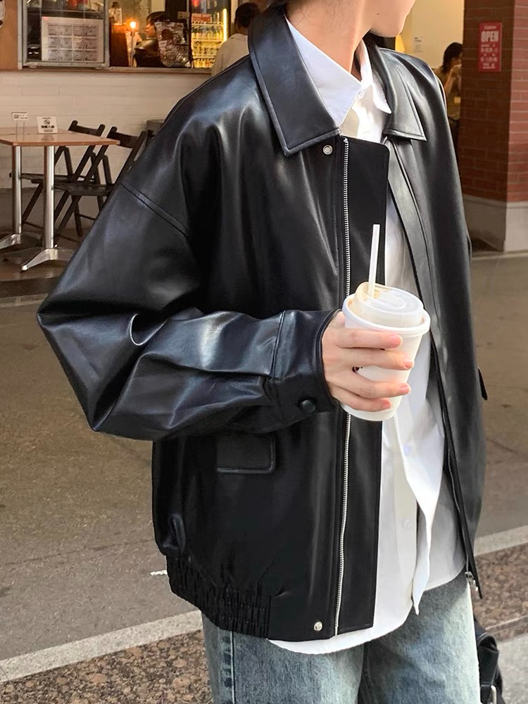 Brown imitation leather jacket for women Hong Kong style 2023 new autumn high-end loose American retro motorcycle jacket top