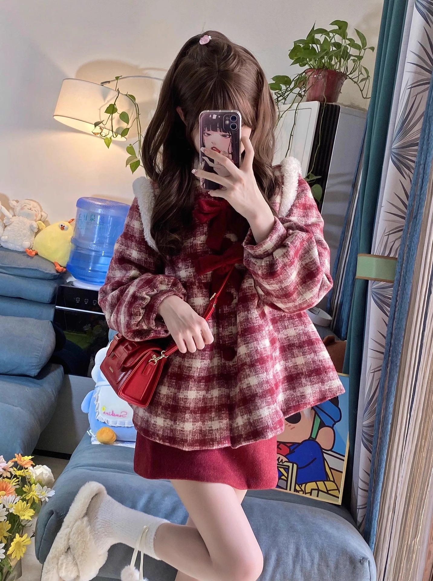Christmas red small fragrance suit for women 2023 autumn and winter plaid woolen jacket + a-line skirt temperament two-piece set