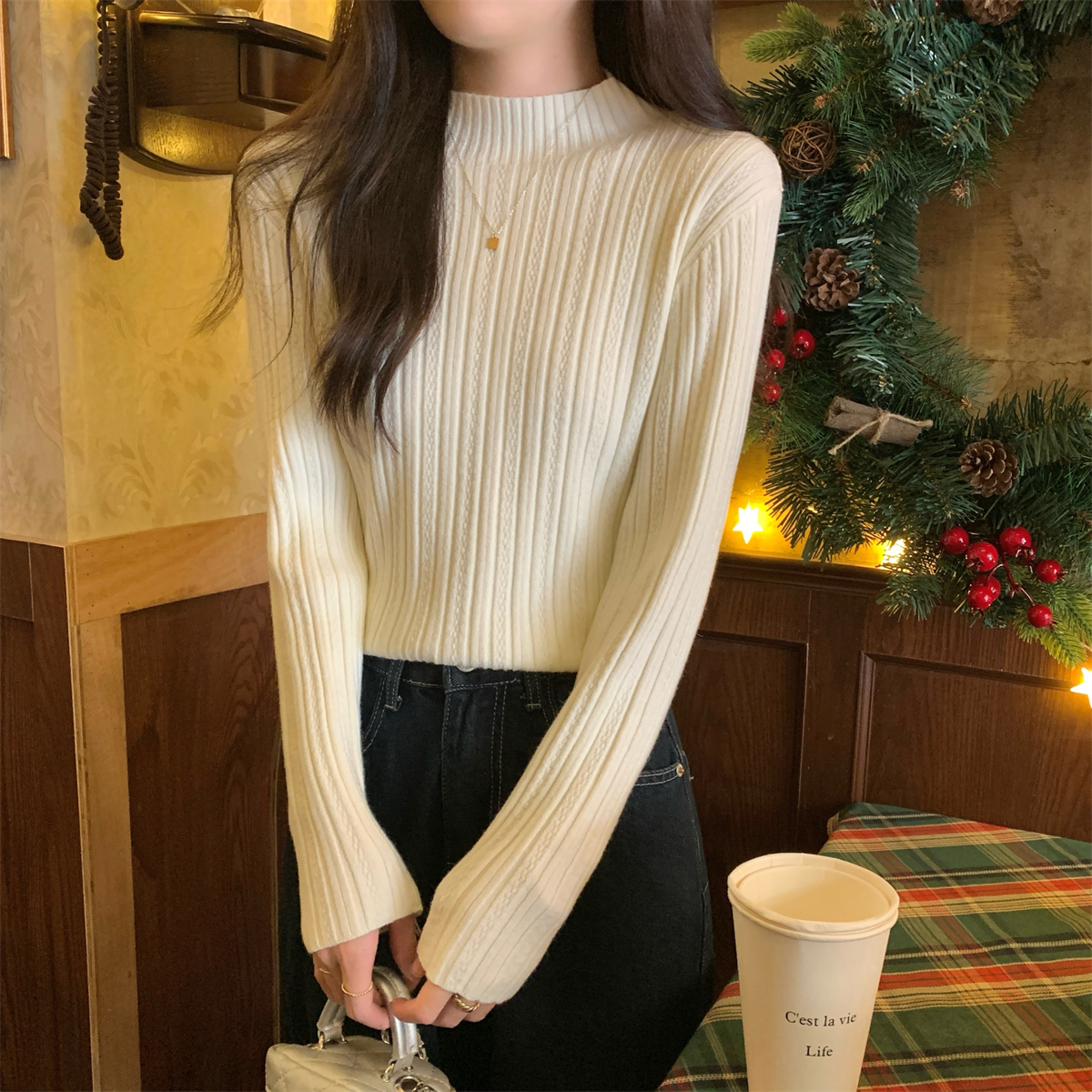 實拍 秋冬韓版半高領設計感內搭安迪絨加厚針織打底衫毛衣女