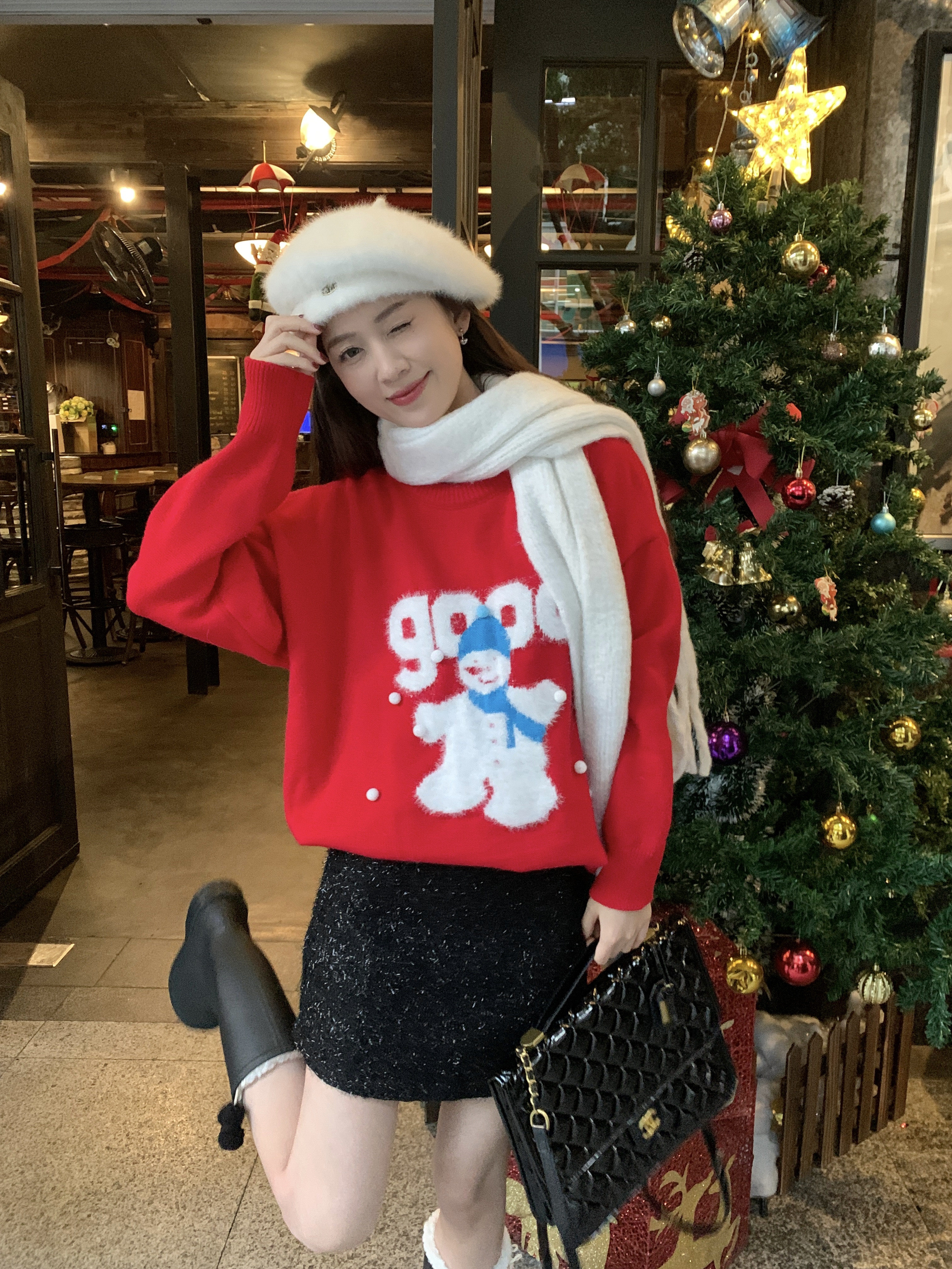 實拍 聖誕節溫柔趣味小雪人圓領毛衣秋冬個性寬鬆減齡針織衫