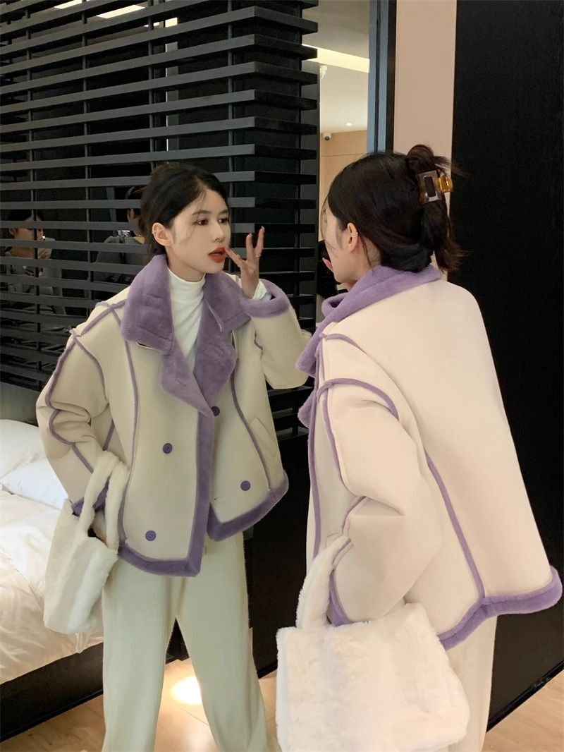 仿羊羔毛外套女冬季2023新款加絨加厚皮毛一體設計感寬鬆長袖上衣