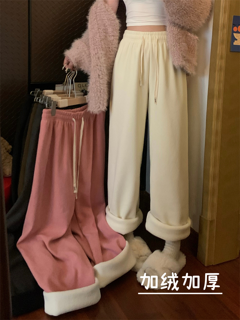實拍秋冬加絨加絨雪尼爾休閒直筒高腰顯瘦抽繩拖地長褲