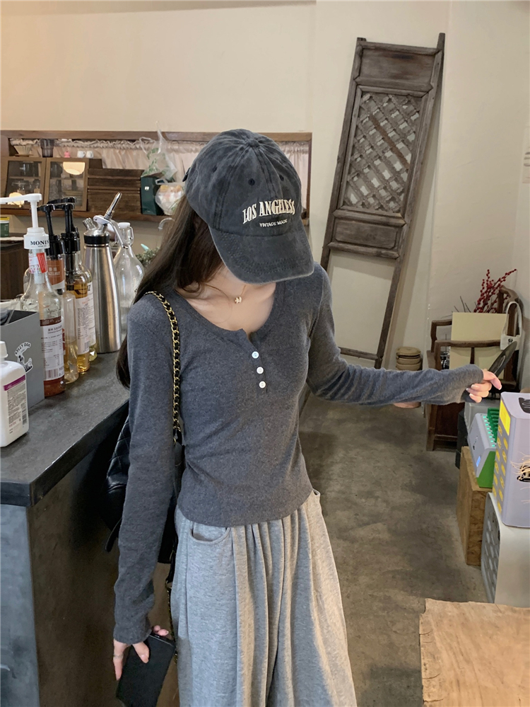 實拍！半開領百搭紐扣長袖T恤韓版正肩顯瘦大彈力打底衫上衣