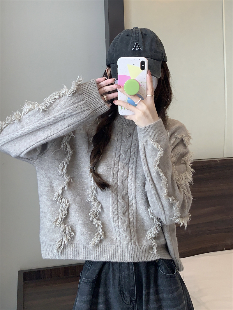 韓版設計感流蘇短款毛衣女春秋冬寬鬆百搭內搭休閒針織衫上衣