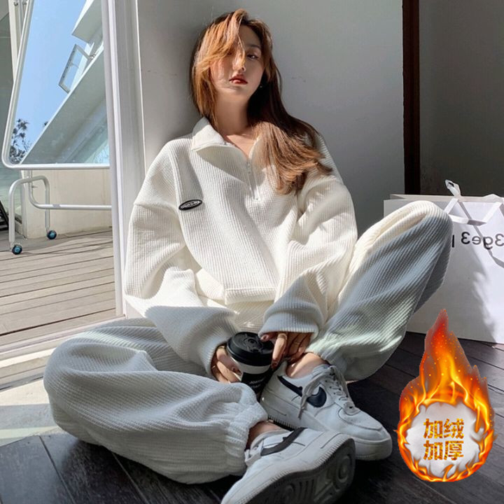 加絨加厚運動服套裝女2023秋冬季學生韓版寬鬆時尚休閒兩件套