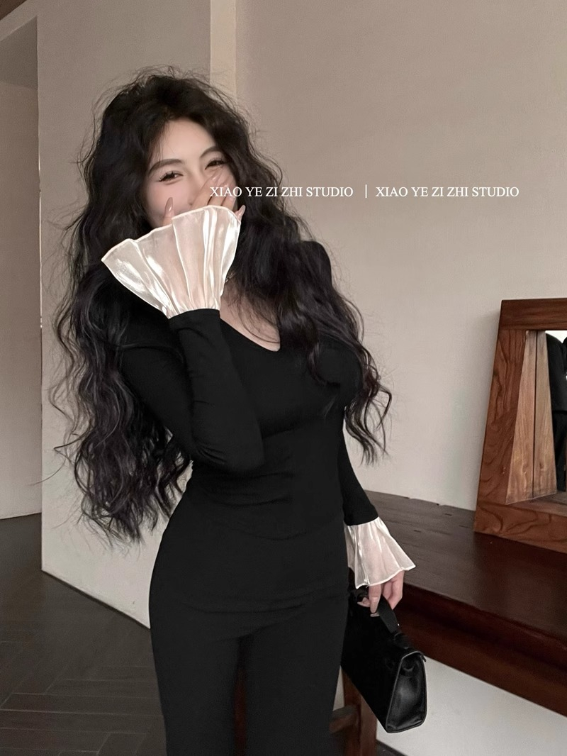 螺紋德絨 磨毛薄絨v領喇叭袖t恤女冬緊身內搭短款氣質打底衫上衣