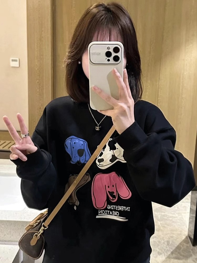 圓領粉色加絨衛衣女秋冬新款時尚洋氣小個子冬季上衣