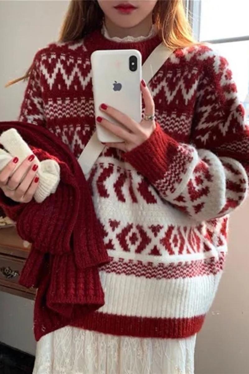 2023 new design niche lazy style thickened high-end Christmas knitted red New Year sweater for women in autumn and winter