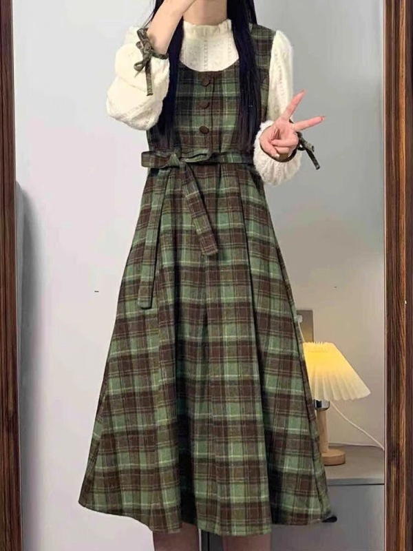 法式森系復古假兩件長袖格子連衣裙女秋冬收腰拼接顯瘦格紋長裙子