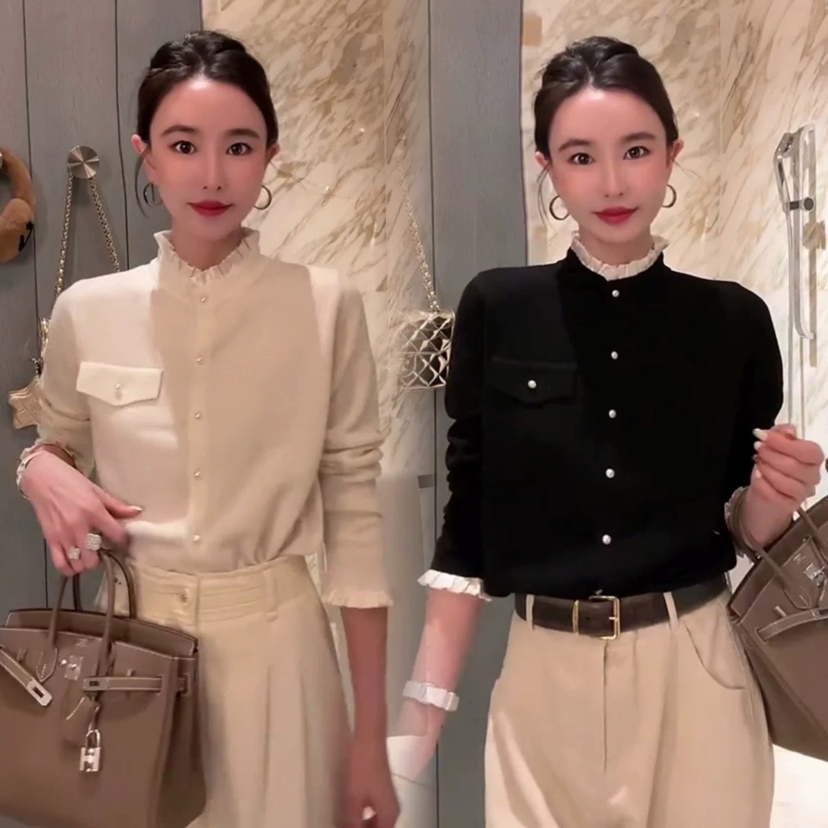 打底衫女2023新款歐貨韓版撞色荷葉邊拼接洋氣甜美減齡針織上衣潮