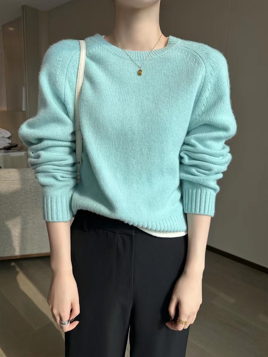 PINKEEN藍色圓領長袖針織衫女秋冬2023新款百搭簡約氣質套頭毛衣