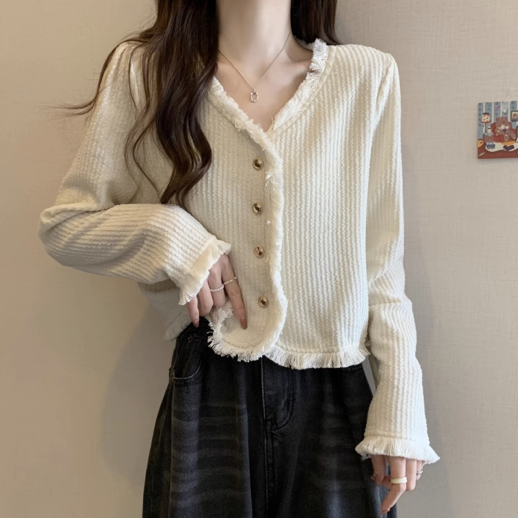 秋季2023新款法式V領開衫外套女小香風洋氣顯瘦短款流蘇上衣外搭