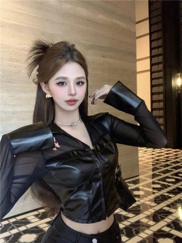 Actual shot ~ 2024 early spring new sexy pure lust style design stitching pu leather shirt hot girl tops for women