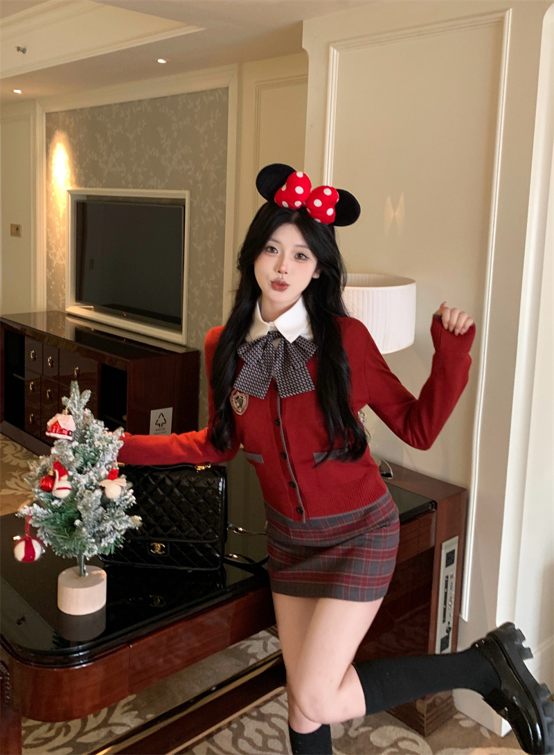 實拍 韓國女高 秋冬紅色開衫制服套裝女學院風半身裙三件套